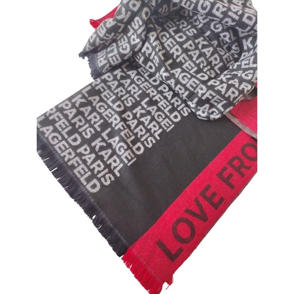 Karl Lager field Scarf Woman 70x28 Monogram Gray Black & Red Trim Warm Stylish - Picture 1 of 5